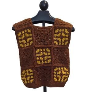 Handcrafted Sweater Vest Small Brown Yellow Squares Square Neck Boho Cottage